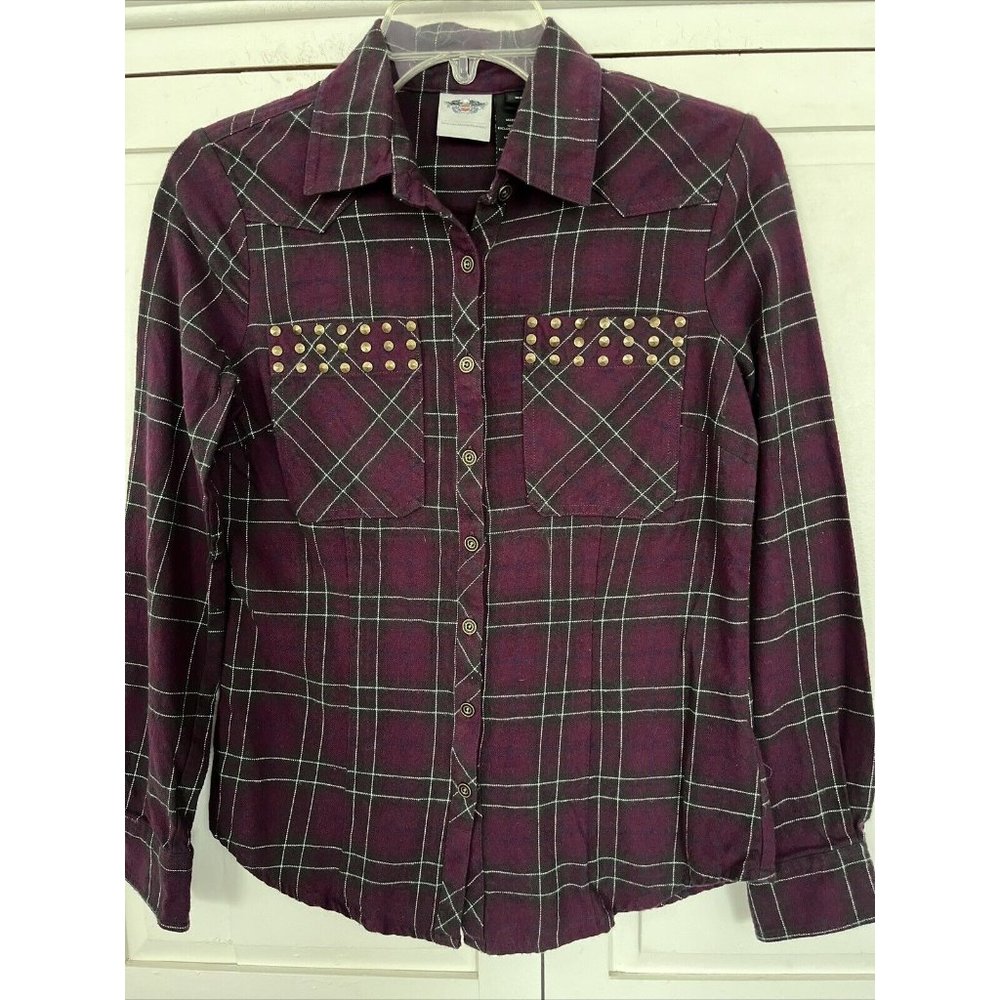 Harley Davidson Flannel Plaid Studded Embroidered Button Up Shirt Women Size XS
